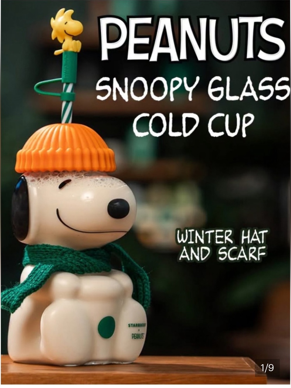 Starbucks Snoopy Cold Cup with Orange Hat and Green Scarf